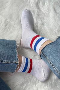 Modalamelif Mavi Kırmızı Çizgili Soket Çorap Beyaz