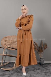 Modalamelif Omuz Fırfırlı Kuşaklı Elbise Hardal Sarısı