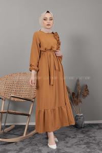 Modalamelif Omuz Fırfırlı Kuşaklı Elbise Hardal Sarısı