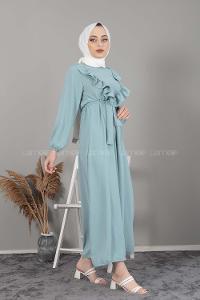 Modalamelif Önü Fırfırlı Kuşaklı Elbise Mint Yeşili