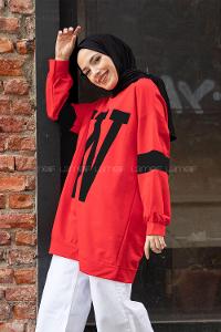Modalamelif W Baskılı Balon Kol Sweat Tunik Kırmızı