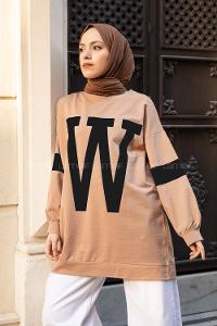 Modalamelif W Baskılı Balon Kol Sweat Tunik Sütlü Kahve