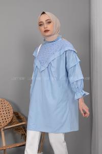 Modalamelif Yaka Fırfırlı Balon Kol Gömlek Açık Mavi