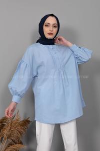 Modalamelif Balon Kol Önü Pileli Tunik Açık Mavi