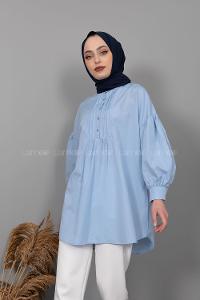 Modalamelif Balon Kol Önü Pileli Tunik Açık Mavi