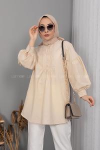 Modalamelif Balon Kol Önü Pileli Tunik Bej