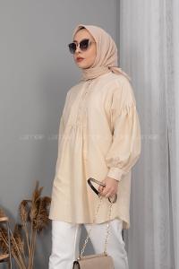 Modalamelif Balon Kol Önü Pileli Tunik Bej