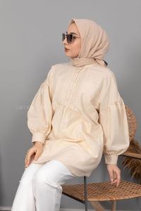 Modalamelif Balon Kol Önü Pileli Tunik Bej