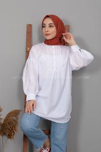 Modalamelif Balon Kol Önü Pileli Tunik Beyaz