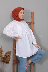 Modalamelif Balon Kol Önü Pileli Tunik Beyaz