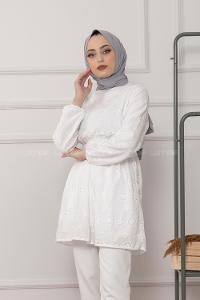 Modalamelif Bel Lastikli Çiçek Dantel Detay Tunik Ekru