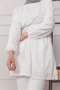 Modalamelif Bel Lastikli Çiçek Dantel Detay Tunik Ekru