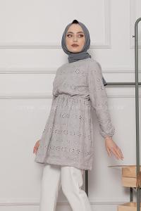 Modalamelif Bel Lastikli Çiçek Dantel Detay Tunik Gri
