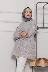 Modalamelif Bel Lastikli Çiçek Dantel Detay Tunik Gri