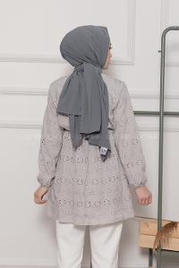 Modalamelif Bel Lastikli Çiçek Dantel Detay Tunik Gri