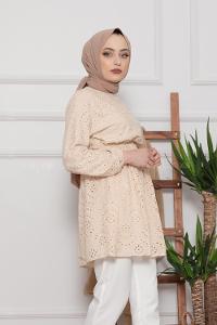 Modalamelif Bel Lastikli Papatya Dantel Detay Tunik Bej