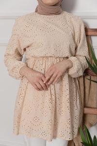 Modalamelif Bel Lastikli Papatya Dantel Detay Tunik Bej