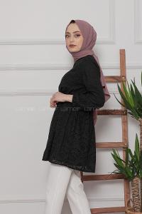 Modalamelif Bel Lastikli Papatya Dantel Detay Tunik Siyah