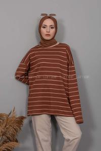 Modalamelif Bisiklet Yaka  Çizgili Sweatshirt Acı Kahve