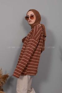 Modalamelif Bisiklet Yaka  Çizgili Sweatshirt Acı Kahve