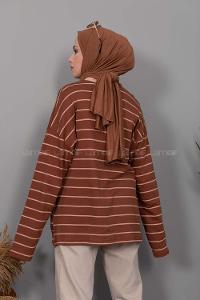 Modalamelif Bisiklet Yaka  Çizgili Sweatshirt Acı Kahve