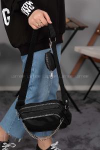 Modalamelif Cüzdan Aksesuarlı Saten Çanta Siyah