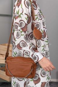 Modalamelif Cüzdan Aksesuarlı Saten Çanta Taba