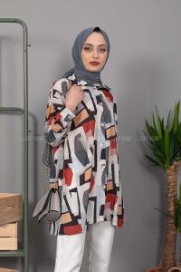 Modalamelif Etnik Desen Dijital Baskı Gömlek Açık Gri