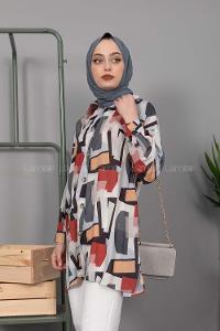 Modalamelif Etnik Desen Dijital Baskı Gömlek Açık Gri