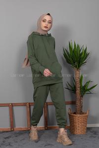 Modalamelif Kanguru Cep Kapşonlu İkili Takım Haki