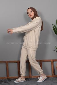 Modalamelif Kanguru Cep Kapşonlu İkili Takım Taş Rengi