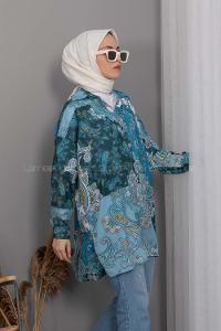 Modalamelif Kilim Desen Dijital Baskı Gömlek Turkuaz