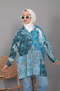Modalamelif Kilim Desen Dijital Baskı Gömlek Turkuaz