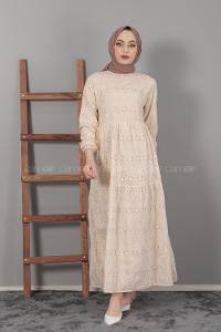 Modalamelif Kol Lastikli Çiçek Dantel Elbise Bej