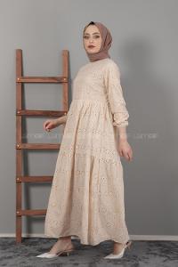 Modalamelif Kol Lastikli Çiçek Dantel Elbise Bej