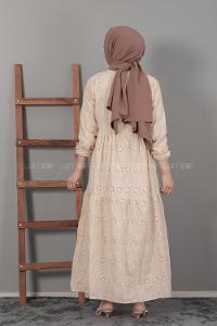 Modalamelif Kol Lastikli Çiçek Dantel Elbise Bej