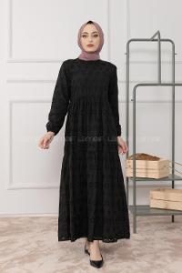Modalamelif Kol Lastikli Çiçek Dantel Elbise Siyah