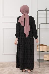 Modalamelif Kol Lastikli Çiçek Dantel Elbise Siyah