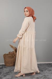 Modalamelif Kol Lastikli Dantel Detaylı Elbise Bej