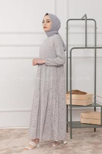 Modalamelif Kol Lastikli Papatya Dantel Elbise Gri