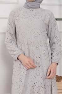 Modalamelif Kol Lastikli Papatya Dantel Elbise Gri