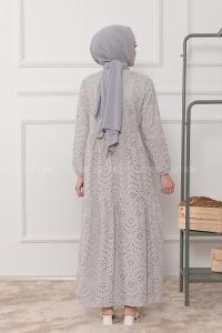 Modalamelif Kol Lastikli Papatya Dantel Elbise Gri