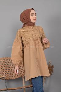 Modalamelif Önü Güpürlü Gömlek Camel