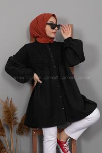 Modalamelif Önü Güpürlü Gömlek Siyah