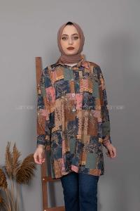 Modalamelif Şal Desen Dijital Baskı Gömlek Lacivert