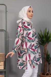 Modalamelif Yaprak Desen Dijital Baskı Gömlek Pastel Pudra