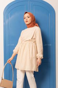 Modalamelif Bel Lastikli Dantel Detay Tunik Bej