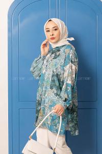 Modalamelif Çiçek Desen Dijital Baskı Gömlek Açık Mavi