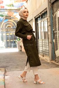 Modalamelif Çİft Cepli Kadife Kap Haki