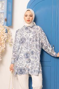 Modalamelif Gül Desen Dijital Baskı Gömlek Açık Mavi